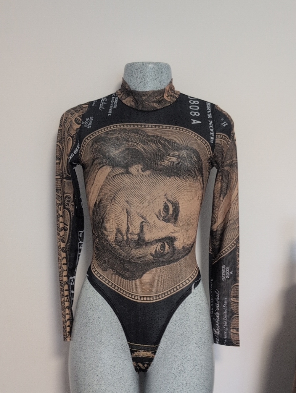 Graphic Money-Print Long Sleeve Bodysuit